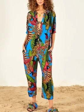 Farm Rio Totally Tuiuiu Jumpsuit Women's Size Small Blue Green Tropical Print